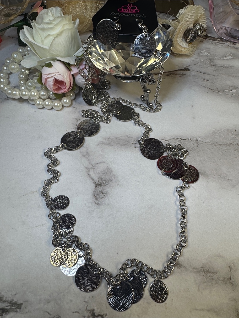 Silver Coin Charm Long Necklace - Dainty Long Chain - Picture 1 of 3